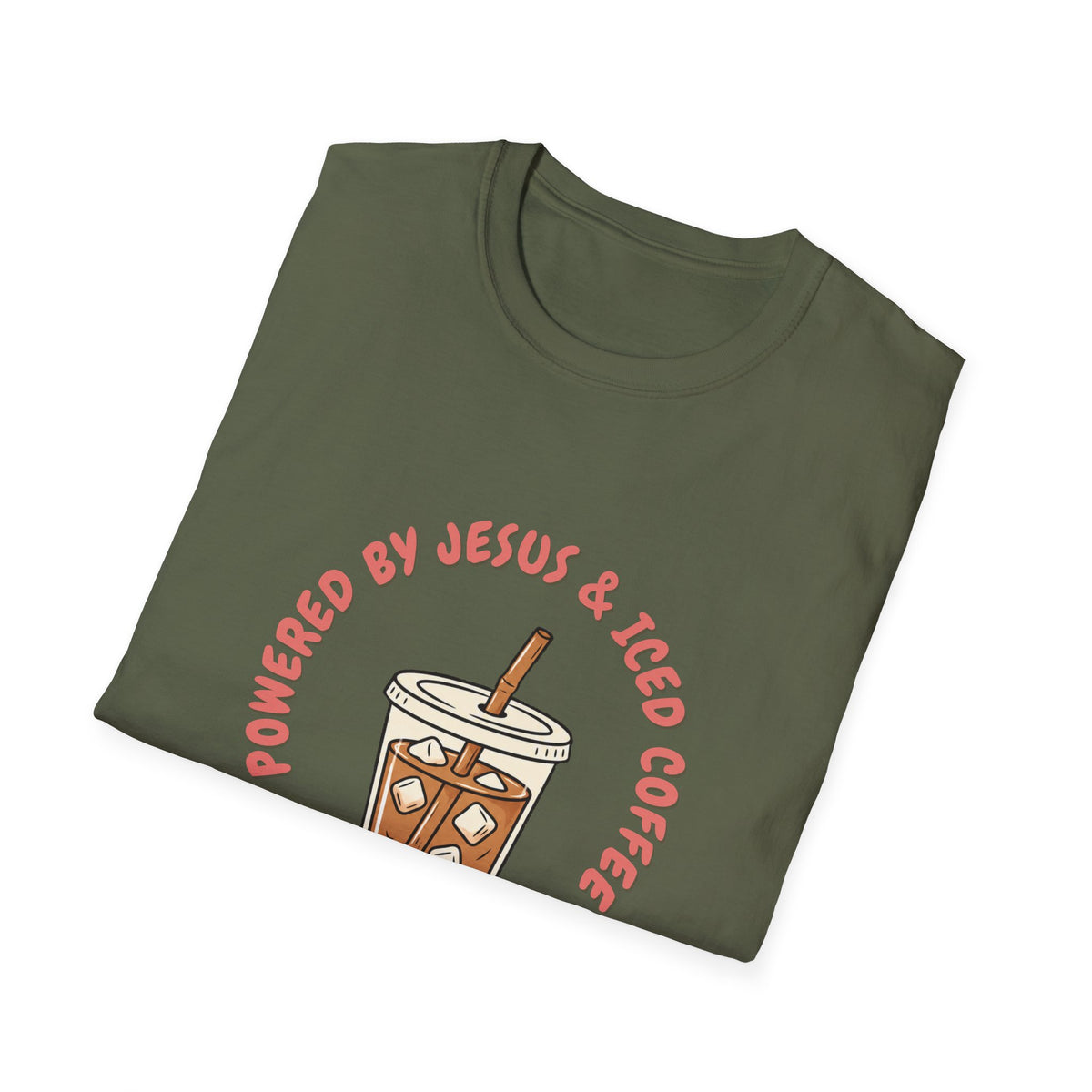 Powered by Jesus and iced coffee T-shirts copy