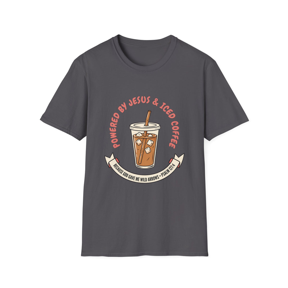 Powered by Jesus and iced coffee T-shirts copy