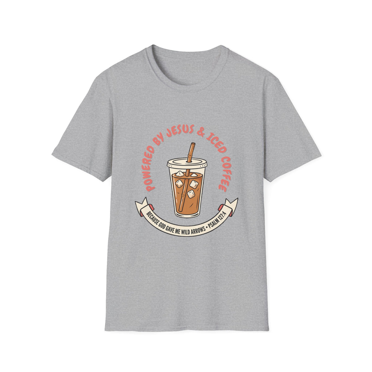 Powered by Jesus and iced coffee T-shirts copy