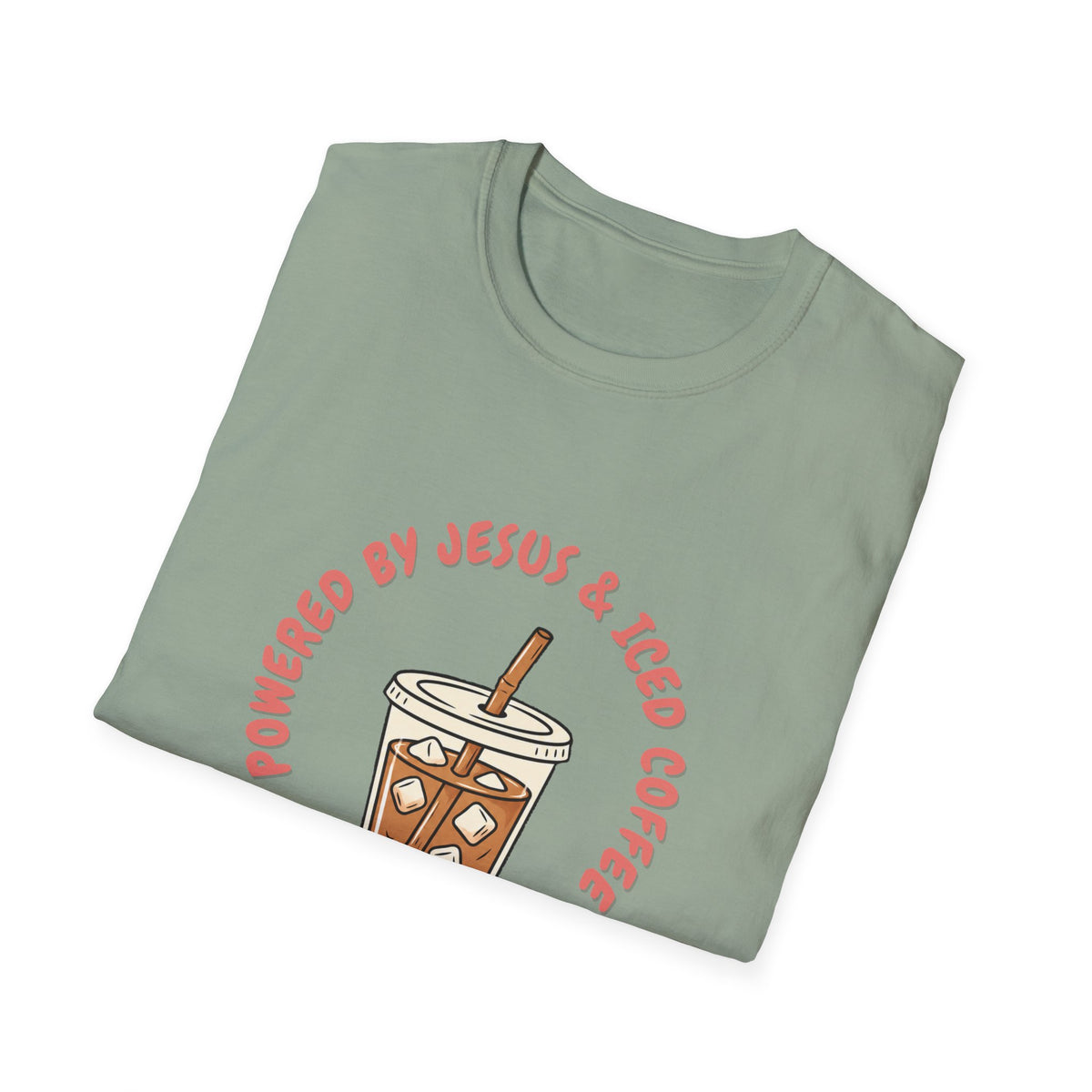 Powered by Jesus and iced coffee T-shirts copy