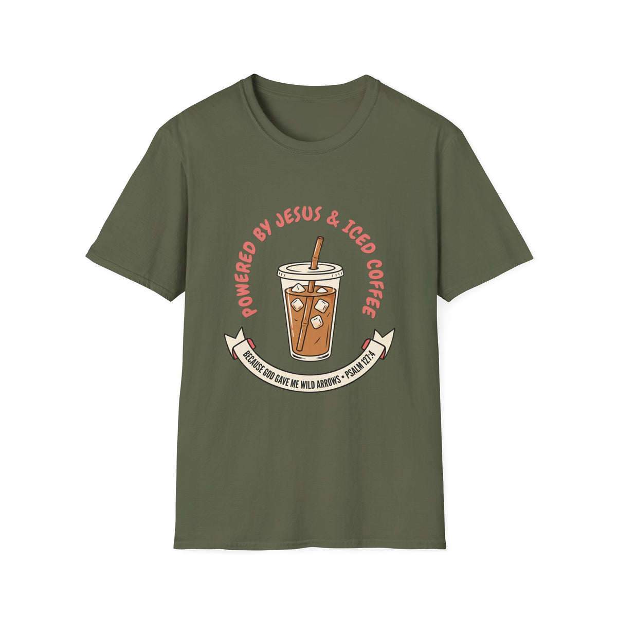Powered by Jesus and iced coffee T-shirts copy