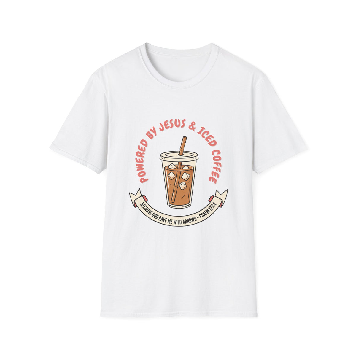 Powered by Jesus and iced coffee T-shirts copy