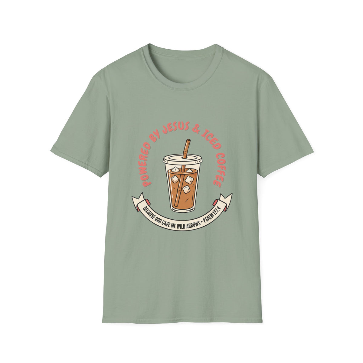 Powered by Jesus and iced coffee T-shirts copy